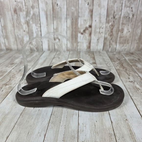 Olukai Ohana W Flip Flops‎ Thong Sandals Comfort Brown White Women's US 6 - Picture 1 of 6